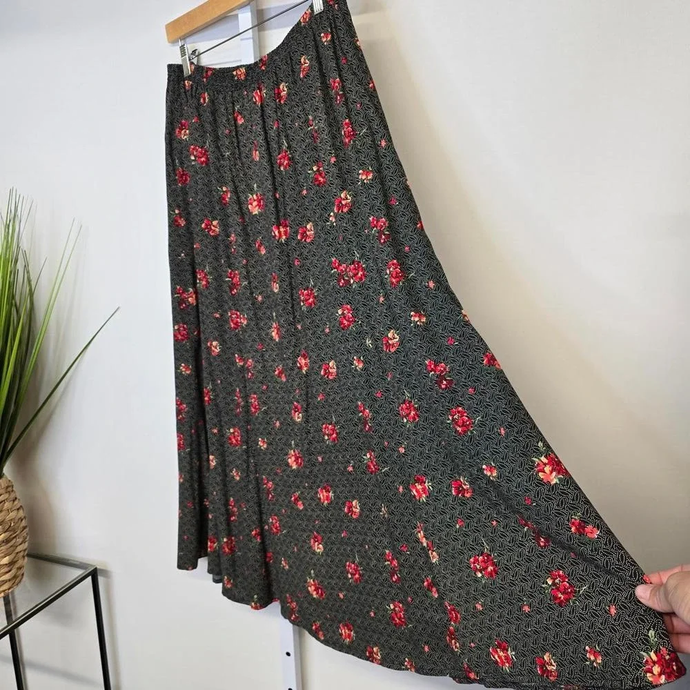 Liz Baker Essentials Womens Large Black‎ Red Floral Rayon Maxi Skirt Elastic